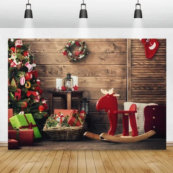 Деревянная лошадка, Рождественская Елка, Подарки, Венок, Деревянная стена, Детская фотосессия, Фон для фотосъемки, Фон для фотостудии