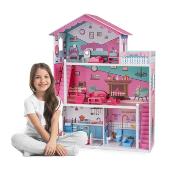 Деревянный кукольный домик с мебелью, 4 комнаты, 18 предметов мебели и аксессуаров, детские подарочные игрушки, модель Hobbes Toys