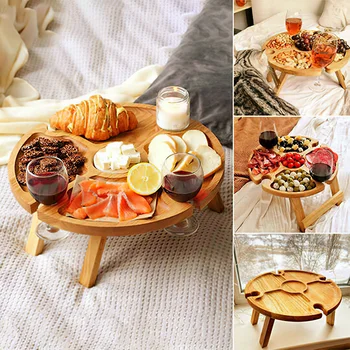Деревянный складной стол для пикника на открытом воздухе со стеклянным держателем, Круглый складной стол, подставка для бокалов для вина, Складной походный стол для вечеринки