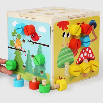 Детская деревянная коробка для раннего образования, форма винта-гайки, соответствующие строительные блоки, цветные когнитивные игрушки для просвещения