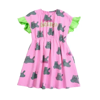 Детская одежда 2023, Летний детский хлопковый комплект, милое платье с рисунком кота из мультфильма и детская футболка + шорты, комплект