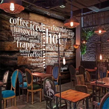 Европа и Америка 3D Буквы Кофейная Чашка Коричневая Деревянная Планка Фон Обои Кофейня Промышленный Декор Фреска Обои 3D
