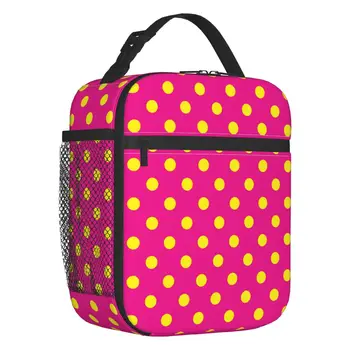 Желтая и розовая в горошек изолированная сумка для ланча для женщин, герметичный кулер, термальная коробка для Бенто для детей, школьников