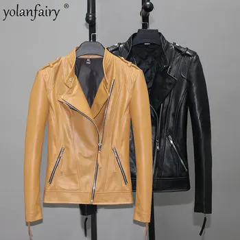 Женская кожаная куртка из овчины, тонкая мотоциклетная куртка с коротким стоячим воротником, Женская весенне-осенняя верхняя одежда с множеством карманов, FCY