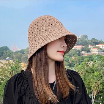 Женская летняя панама, однотонная вязаная кепка с вырезом и широкими полями, солнцезащитная кепка Рыбака для путешествий, пляжа 2023, Корейские новые дышащие шляпы
