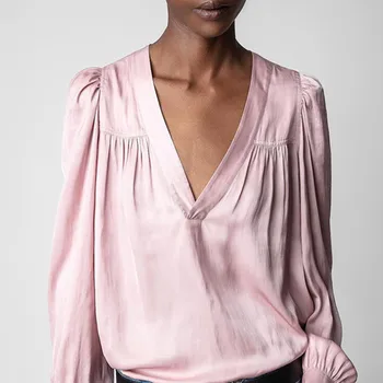 Женская Однотонная Рубашка Свободного Кроя с V-образным вырезом Simple Lady 2023, Весенне-летние Женские Блузки
