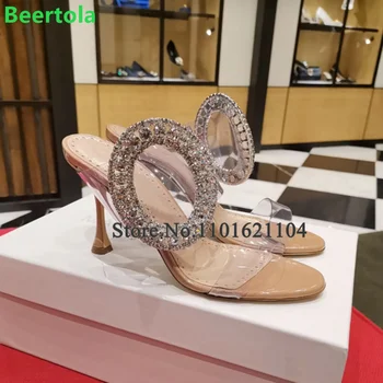 Женские тапочки из прозрачного ПВХ с круглым кристаллом На тонком высоком каблуке и круглым носком, Пикантная летняя модная обувь для улицы