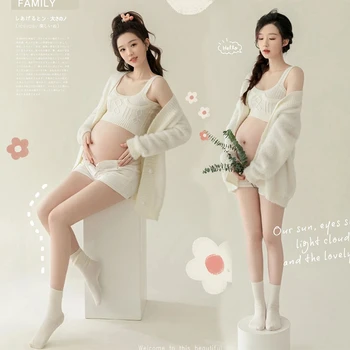 Женский реквизит для фотосъемки, платья для беременных, вязаный Белый Топ на бретелях, Шорты, свитер, Комплект из 3 предметов, одежда для студийной фотосессии в корейском стиле