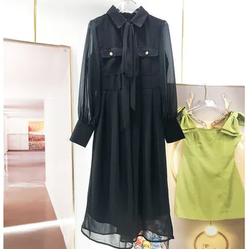 Женское высококачественное черное шифоновое платье с длинными рукавами во французском стиле, осень 2022, C820