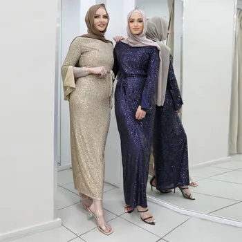Женское длинное платье, новая ближневосточная мусульманская мода, блестки, однотонное платье с длинным рукавом на завязках, Абайя с высокой талией