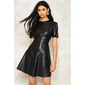 Женское кожаное платье с черными панелями, коктейльная одежда для вечеринок, модные тенденции