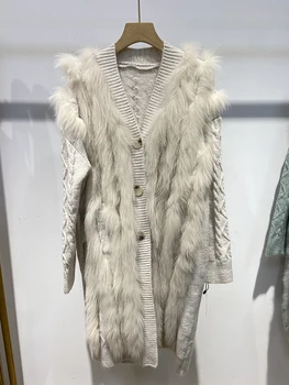 Женское осеннее вязание из натурального лисьего меха, зимнее украшение из лисьего меха, женский длинный свитер, длина пальто 100 см