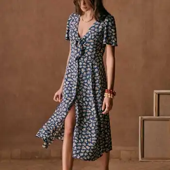 Женское платье средней длины с высокой талией 2023, Летнее шифоновое платье с V-образным вырезом и цветочным бантом