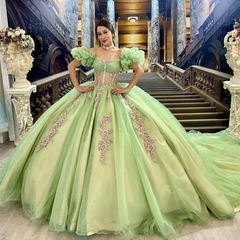 Зеленое пышное платье принцессы с открытыми плечами, Кружевные аппликации, бисероплетение, многоуровневое бальное платье, Маскарад, 15 вечерних платьев