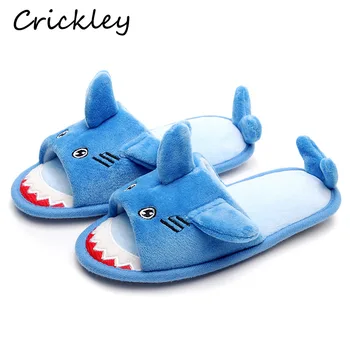 Зимние детские тапочки с 3D мультяшной акулой, Флисовая мягкая обувь для спальни, детская обувь на плоской подошве с животными, нескользящие тапочки для девочек и мальчиков