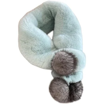 Зимний новый шарф из натурального меха кролика Рекс, Женские пушистые теплые шарфы для шеи с помпоном из натурального меха норки