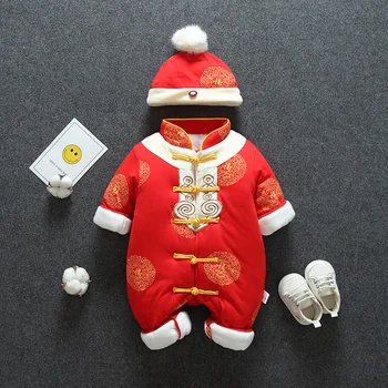 Зимний подарок на День рождения для мальчиков, костюм для новорожденных, китайский Традиционный новогодний утепленный комбинезон, Красный костюм с вышивкой для младенцев