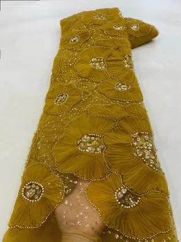 Золотая Сетка с Блестками 2023, Роскошная Кружевная Ткань из бисера для Свадебного Платья, Африканская 3D Французская Тюлевая Сетка, Швейный Материал 5 Ярдов