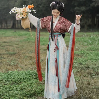 Китайская Винтажная одежда, Женские костюмы для народных танцев, костюмы Древней принцессы Ханфу, повседневный комплект из шести предметов, традиционный костюм Династии Тан