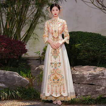 Китайская пара Свадебная Одежда Чонсам Костюм для Шампанского Свадебное платье с Блестками и Кисточками из бисера