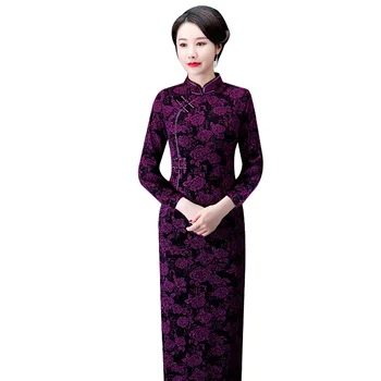Китайское Традиционное платье Чонсам с Длинными рукавами, Утолщенное Повседневное Длинное Ципао, Ретро Тонкие китайские платья для женщин