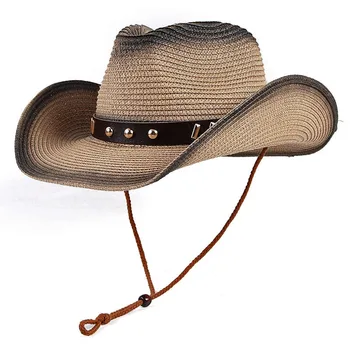 Ковбойская шляпа в западном стиле, Мужская и женская мода 2023, Летняя Бумажная соломенная кепка, пляжная шляпа от солнца с ветровой веревкой, джазовая кепка