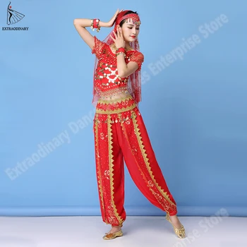 Комплект костюмов для Индийского танца живота, Сари, Болливудский Танец, Женский Шифоновый топ с коротким рукавом + Пояс + Брюки + Вуаль + Шпилька для девочек