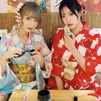 Комплект Платья-кимоно, Женская Винтажная Элегантная одежда с цветочным принтом, Уличная одежда для взрослых, Азиатское Кимоно, одежда для сцены/фотосессии