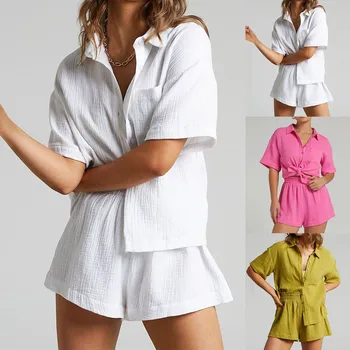 Комплекты женской одежды, летние комплекты из 2 предметов, Белая рубашка с коротким рукавом и пуговицами с лацканами + широкие шорты, повседневный комбинезон Оверсайз