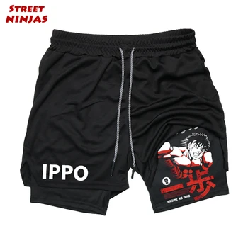 Компрессионные шорты 2 в 1 с принтом Аниме IPPO для мужчин, спортивные спортивные шорты с карманами, быстросохнущие для занятий фитнесом, боксом
