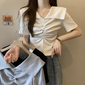Корейская модная тонкая футболка с V-образным вырезом и коротким рукавом для женщин