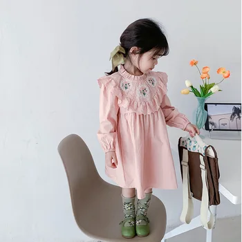Корейское Кружевное Платье для девочек в стиле Ретро 2023, Осенние Детские Платья с длинными рукавами и вышитым Краем, Розовые платья с рюшами На Воротнике