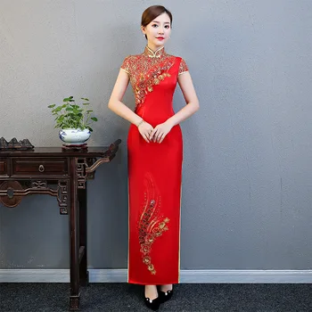 Красное Винтажное Длинное Платье Макси Чонсам в Китайском Стиле в стиле Ретро Qipao, Женское Вечернее Платье Для Вечеринки, Vestidos, Одежда Плюс Размер S-5XL