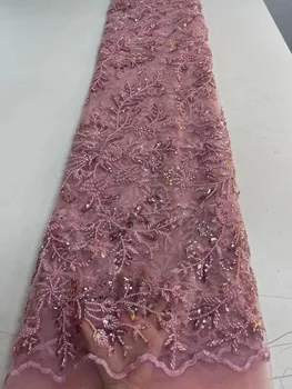 Кружевные ткани Pink Sequence Нигерийская Сетчатая Кружевная вышивка Африканская Кружевная ткань С блестками 3D Бисером Материал Для Свадьбы