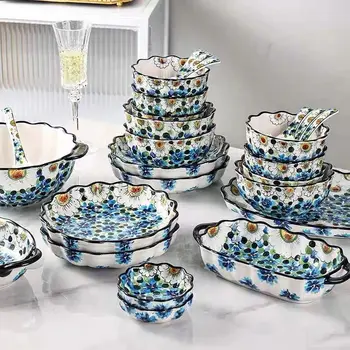 Кухонная керамическая посуда, ручная подглазурная роспись Blue Berry, Керамическая чаша, тарелка с двойным противнем для домашнего использования