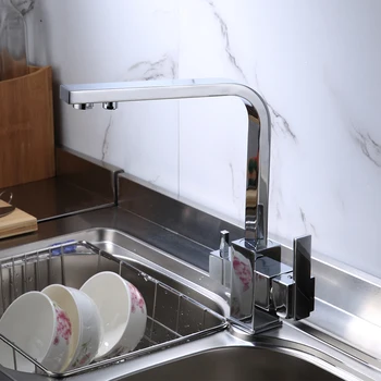 Кухонный кран с фильтром, Хромированный Кухонный кран для питьевой чистой воды, установленный на бортике, с двумя ручками, 3-х сторонний смеситель для горячей и холодной воды