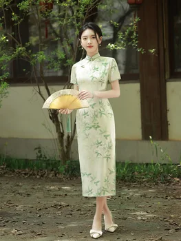 Летнее Атласное платье Чонсам из атласа с цветочным принтом, Современное Восточное платье Премиум-класса, Традиционное китайское женское Длинное Ципао