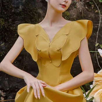 Летнее новое Милое желтое платье миди с развевающимися рукавами и V-образным вырезом трапециевидной формы, Элегантный халат на День рождения