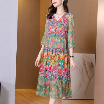 Летнее платье 2022, Женское Шелковое платье с цветочным рисунком, Элегантные Пляжные Винтажные платья для женщин, одежда Vestido