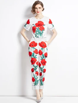 Летний Модный Дизайнерский укороченный топ и брюки с цветочным принтом, костюм для подиума, Повседневная женская одежда, Элегантный женский комплект одежды из двух предметов