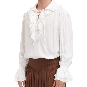 Летняя мужская европейская средневековая традиционная одежда, хлопковая однотонная приталенная рубашка с капюшоном и рукавом три четверти