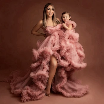 Мать и Дочь, персиково-розовые пышные платья с милыми оборками в виде сердца, многоуровневые платья для выпускного вечера, платье для фотосъемки мамы и детей