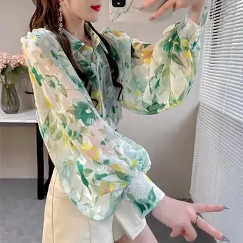Модная корейская рубашка с отложным воротником и цветочным принтом, весна-осень, Элегантная блузка на пуговицах с рукавом-фонариком, женская одежда