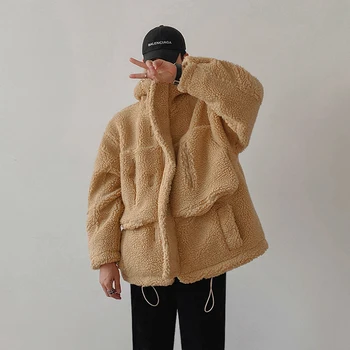 Модная Свободная Корейская Уличная одежда с капюшоном, куртка из овечьего бархата, Мужская зимняя Хлопчатобумажная одежда из Полар-флиса