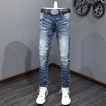 Модные Мужские джинсы в стиле Ретро, синие, стрейчевые, обтягивающие, рваные Джинсы, Мужские дизайнерские брюки в стиле хип-хоп с вышивкой, Брендовые брюки Hombre