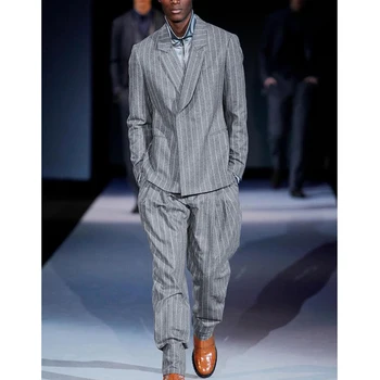 Модные мужские костюмы высокого класса, шикарная повседневная куртка и брюки в вертикальную полоску, 2 предмета, приталенный мужской костюм с вырезами в английском стиле