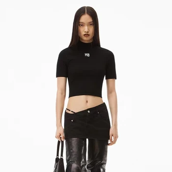 Модный Классический Роскошный дизайн, Черные тонкие трикотажные футболки, Женская трикотажная футболка с надписью Wang с коротким рукавом, топ