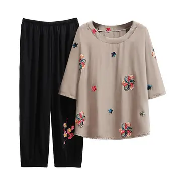 Модный Пижамный комплект для мамы с рукавами три четверти, Осенний пижамный комплект, Пуловер с круглым вырезом и широкими штанинами, Осенний женский комплект Большого размера