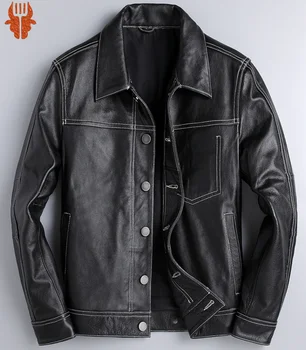 Мужская джинсовая куртка из натуральной кожи оптом, модное пальто из натуральной воловьей кожи, молодежная кожаная ткань