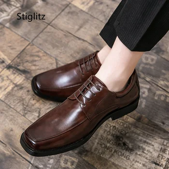 Мужская кожаная обувь, оксфордские туфли в британском стиле на шнуровке, деловые туфли-дерби, коричневые, черные, офисные Элегантные мужские модельные туфли